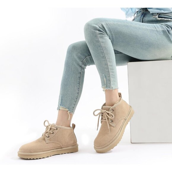 Women's Faux Fur Tan Ankle Lined Short Lace Up Snow Mini Booties Shoes - Picture 2 of 7